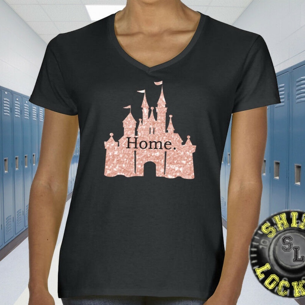 Rose Gold Glitter Princess Castle Womens V-Neck